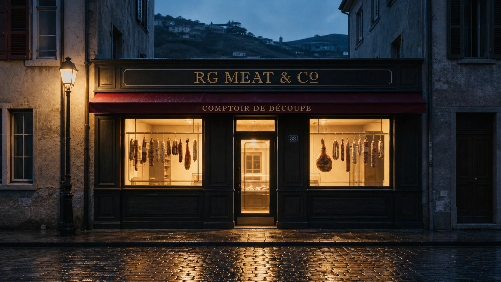 La façade de RG Meat & Co, Rue du Rhône 32 à Sion, de nuit