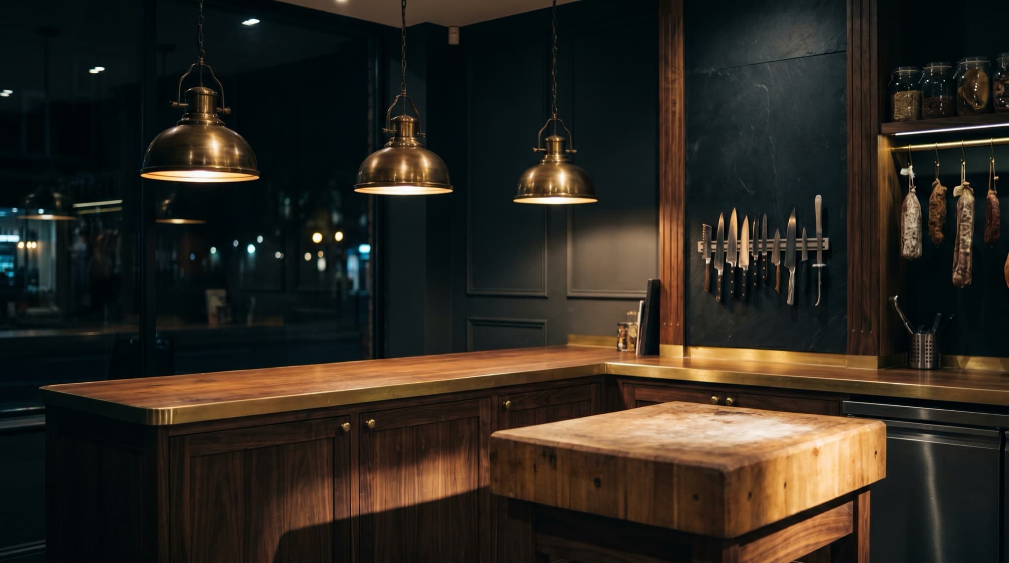 L'atelier de découpe, lampes chaudes et comptoir de bois sombre