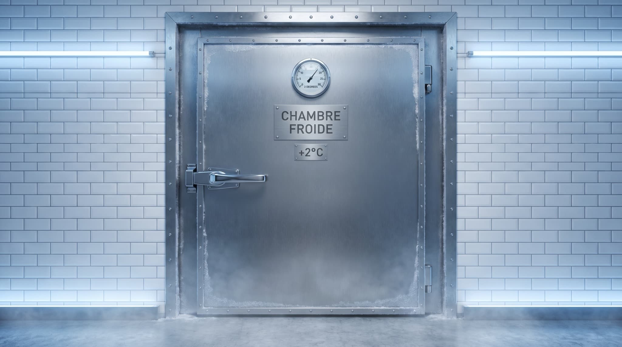 La porte inox de la chambre froide, thermomètre à 2°C