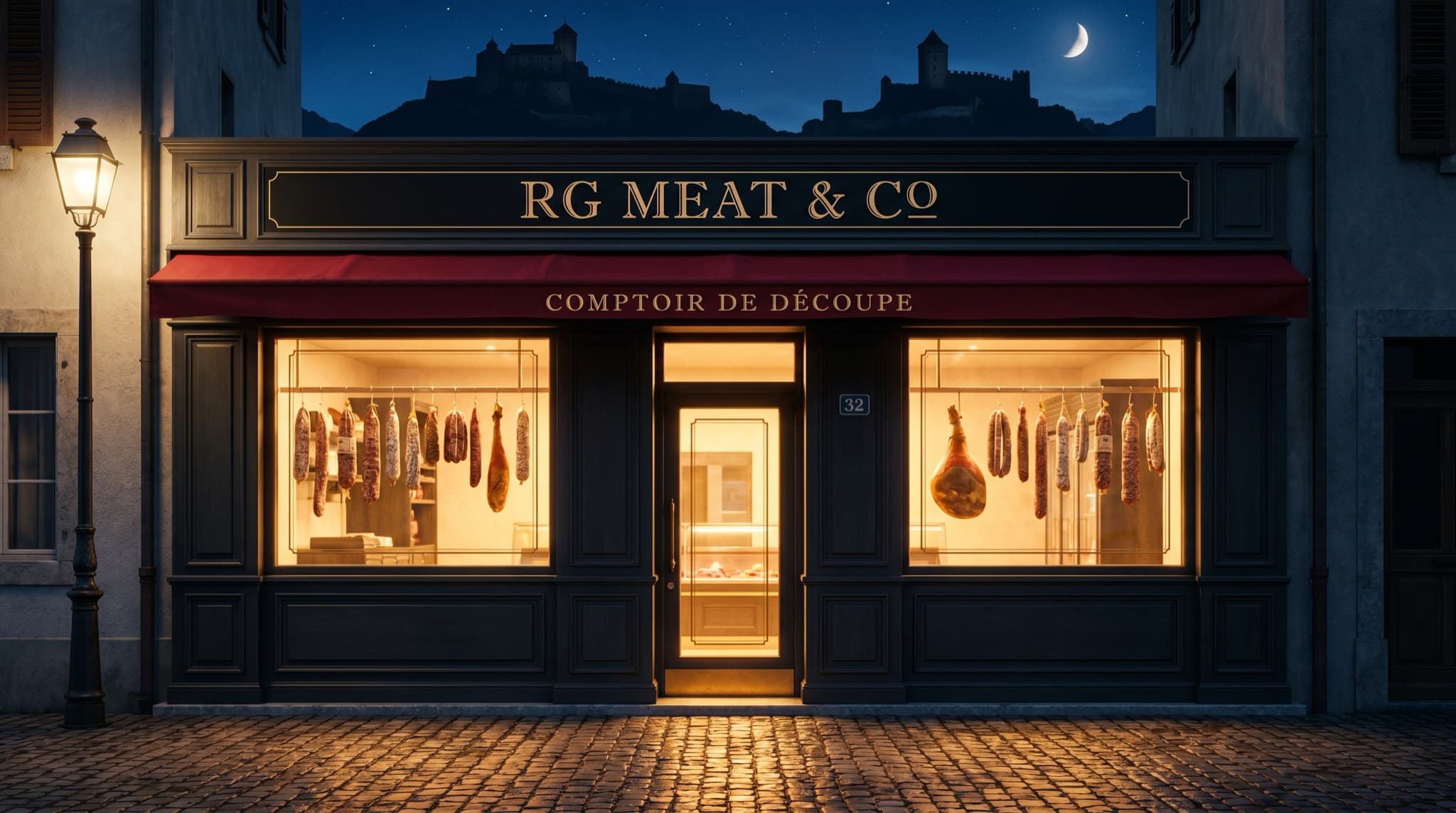 La façade de RG Meat & Co, Rue du Rhône 32 à Sion, de nuit